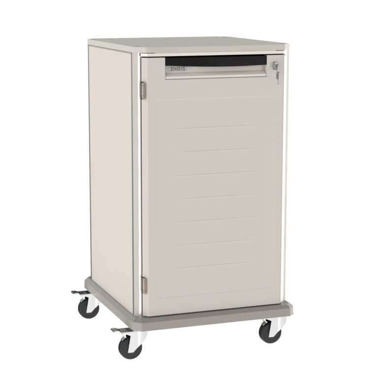 The Metro SXR40KL2 Starsys 40 Tall Key Locking Undercounter Storage Cart features a sleek, light gray metal design on wheels with a lockable door and top handle, offering security and portability. Its smooth finish contrasts elegantly against the plain white background.