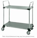 The Metro MW103 MW Series Utility Cart has two stainless steel shelves for versatile storage, with dimensions of 18 x 24 x 38. It includes handles and four wheels, though actual dimensions may vary.