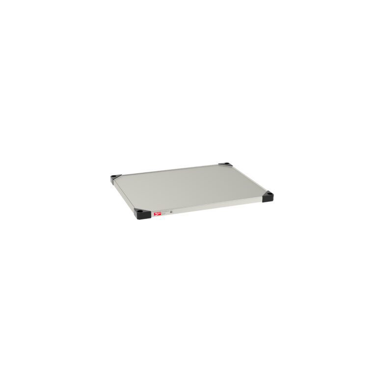 A flat, rectangular drafting board with a light gray surface and black corners mirrors the streamlined design of the Metro 2430FS Super Erecta Solid Shelf, Standard Stainless Steel, 24 x 30, emphasizing its precise metal edge and completing its modern look with a small red logo on the front.