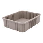 Viewed from an angle, the Metro TB93060NAT Polypropylene Tote, measuring 22.5 x 17.5 x 6, is a large rectangular storage bin in natural gray plastic with ribbed sides and a grid pattern on the bottom, featuring a raised rim and appearing empty.