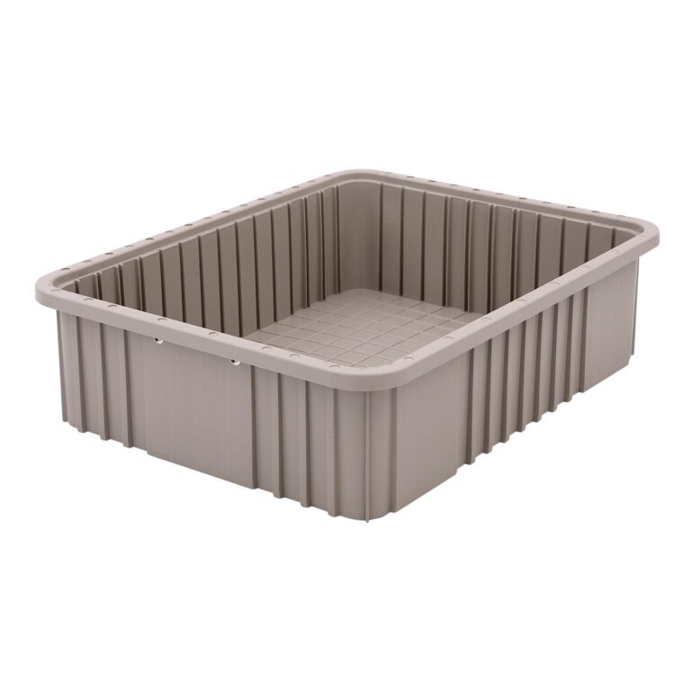 Viewed from an angle, the Metro TB93060NAT Polypropylene Tote, measuring 22.5 x 17.5 x 6, is a large rectangular storage bin in natural gray plastic with ribbed sides and a grid pattern on the bottom, featuring a raised rim and appearing empty.