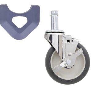 The Metro 5MPBX 5 Polyurethane Swivel/Brake Stem Caster for MetroMax Industrial Plastic Shelving Racks features a durable metal frame with a black tire and a gray triangular brake lock designed to fit the wheel.