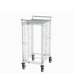 The Metro CBNTC20M Front-Load PCB Handling Cart, set against a white background, showcases its metal wire construction with multiple horizontal slots and four large caster wheels for easy mobility.