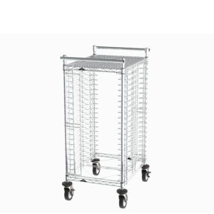 The Metro CBNTC20M Front-Load PCB Handling Cart, set against a white background, showcases its metal wire construction with multiple horizontal slots and four large caster wheels for easy mobility.