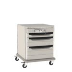 The Metro SXR28PL1 Starsys 28 undercounter storage cart includes an electronic PIN lock and gray four-drawer system. It offers secure storage with sturdy wheels for easy mobility and a sleek design.