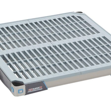 A 24 x 24, square industrial filter features a grid-like design and gray exterior with black and blue corner details, evoking the MetroMax i MX2424G Plastic Industrial Shelfs robust, machinery-ready grid mat construction.