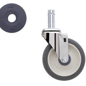 A metal swivel caster wheel with a grey rubber tire and a black attachment plate. The wheel is designed for use in carts or furniture. The attachment plate has branding with the word Metro.