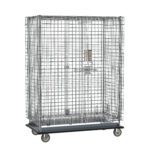 The tall, rectangular Metro SEC55LCPL Super Erecta Shelving Unit in chrome, featuring an electronic PIN lock and measuring 28.0625 x 50.5 x 68.4375, gleams with a grid design on four wheels against a plain white background.