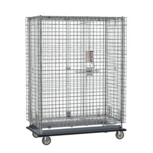 The tall, rectangular Metro SEC55LCPL Super Erecta Shelving Unit in chrome, featuring an electronic PIN lock and measuring 28.0625 x 50.5 x 68.4375, gleams with a grid design on four wheels against a plain white background.