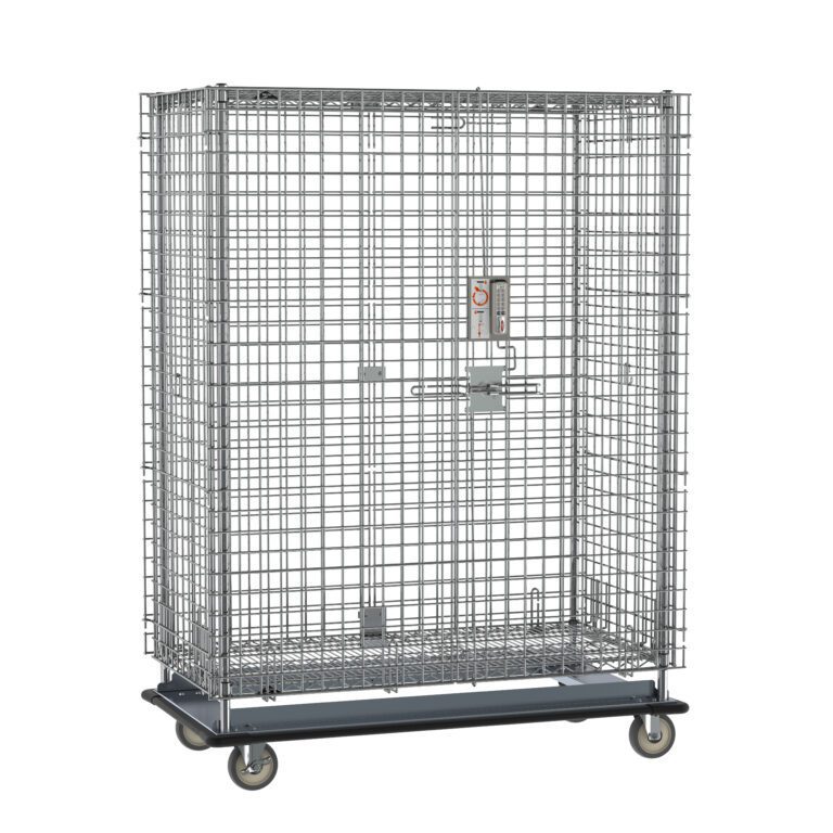 The tall, rectangular Metro SEC55LCPL Super Erecta Shelving Unit in chrome, featuring an electronic PIN lock and measuring 28.0625 x 50.5 x 68.4375, gleams with a grid design on four wheels against a plain white background.