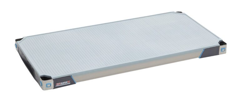 t7ndi8vp90ufb5smql30bt6vqg40d8h2.jpg The MetroMax i MX1836F, an 18 x 36 plastic industrial shelf with a solid mat, features a ribbed surface in light gray with black corners and blue accents, offering stability and durability for balance and exercise activities.