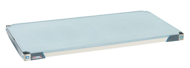 This rectangular air filter has a blue, textured surface and sturdy metal frame similar to the durability of the MetroMax i MX2448F Plastic Industrial Shelf with Solid Mat, 24 x 48. It features protective black corner brackets and a small blue label on the front edge.