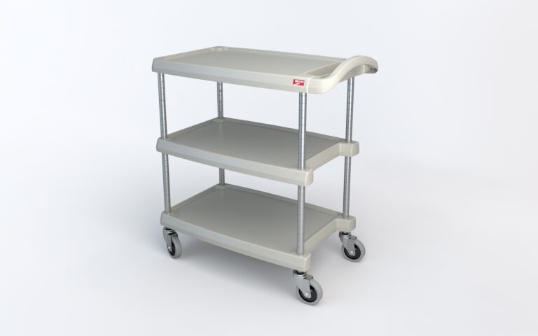A three-tiered gray utility cart with a flat top shelf and two lower shelves, supported by metal poles. It features four swiveling wheels and a small red label on the top corner. The cart is empty and stands against a plain white background.