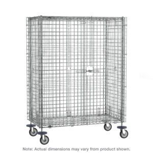 The Metro SEC53DC Super Erecta Mobile Security Shelving Unit is a large, chrome rectangular metal wire cage with four swivel wheels and a secure door latch, measuring 27.25 x 40.75 x 67.9375. Note: Actual dimensions may vary from product shown.