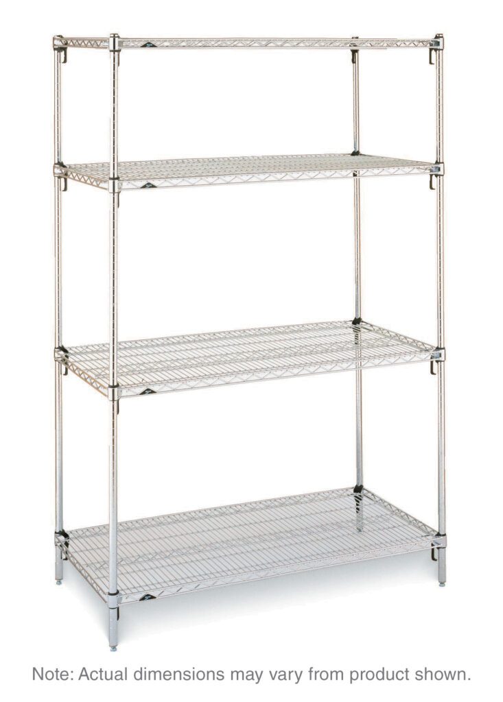 The Metro Super Adjustable Super Erecta SA-246074C-S-4 unit has four chrome adjustable shelves on sturdy legs, with dimensions of 24 x 60 x 74. Note: actual size may vary.