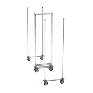 Three chrome Metro LTTM24C Top-Track Double Deep Mobile Units for 24 Wide Super Erecta Wire Shelving, each with a rectangular frame and vertical poles, are arranged staggeredly against a plain white background.