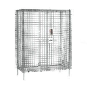 The Metro SEC55CPL Super Erecta Shelving Unit is a large chrome cage, 27.25 x 50.5 x 66.8125, with short legs and an electronic PIN lock for security, plus a front label, making it secure and freestanding but empty.
