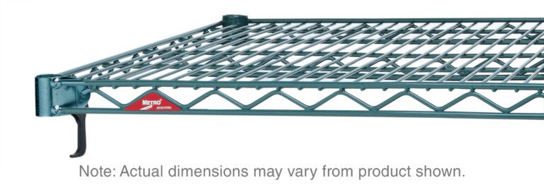 A 24 x 48 Metro Super Adjustable Super Erecta A2448NK3 Industrial Wire Shelf, finished in Metroseal Green Epoxy, is shown on a white backdrop and features diamond-shaped openings. Note: Actual dimensions may vary from the product displayed.