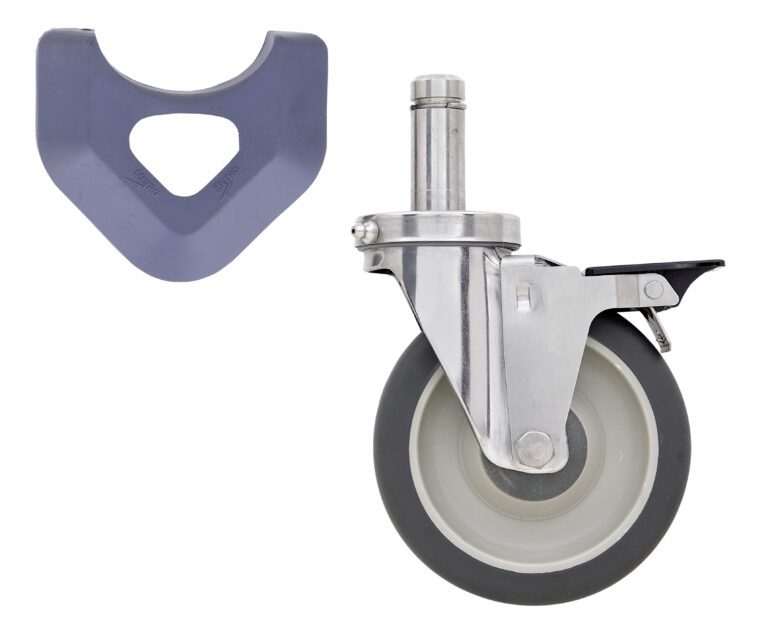 The Metro 5MPBXGSA 5 polyurethane cart-washable swivel/brake stem caster, with a durable gray rubber tire and metal bracket, is ideal for MetroMax industrial plastic shelving racks. Its depicted with a gray plastic tool featuring a triangular opening for easy installation or adjustment.