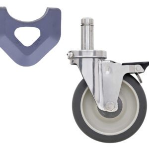 The Metro 5MPBXGSA 5 polyurethane cart-washable swivel/brake stem caster, with a durable gray rubber tire and metal bracket, is ideal for MetroMax industrial plastic shelving racks. Its depicted with a gray plastic tool featuring a triangular opening for easy installation or adjustment.