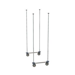 Two parallel metal rods with wheels at the base, designed to support structures, are ideal for laboratory expansion projects. Each rod features a horizontal bar connecting the wheels, allowing for easy movement and adjustment, making them essential in both construction and scaffolding tasks.