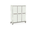 The Metro SXRTGS3 Starsys Mobile Supply Cabinet is a sleek white unit with four vertical handle-equipped compartments on wheels, showcasing a minimalist design perfect for modern spaces.