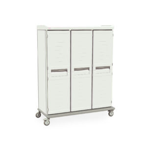 The Metro SXRTGS3 Starsys Mobile Supply Cabinet is a sleek white unit with four vertical handle-equipped compartments on wheels, showcasing a minimalist design perfect for modern spaces.