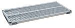 The MetroMax i MX2454G Plastic Industrial Shelf with Grid Mat, 24 x 54, is rectangular, has evenly spaced slits, reinforced corners, a sleek black and blue design, and a small logo on the bottom corner.