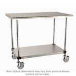 Stainless steel table with two shelves and four casters. The top is flat and smooth, while the lower shelf offers additional storage. Note below mentions that actual dimensions may vary and casters are not included.