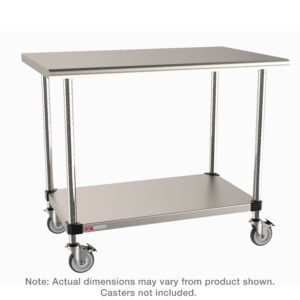 Stainless steel table with two shelves and four casters. The top is flat and smooth, while the lower shelf offers additional storage. Note below mentions that actual dimensions may vary and casters are not included.