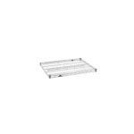 A metal wire shelf lying flat, with a grid-like pattern and a few mesh openings. Its designed for storage and organization, featuring horizontal bars that provide structural support. The shelf is silver in color.