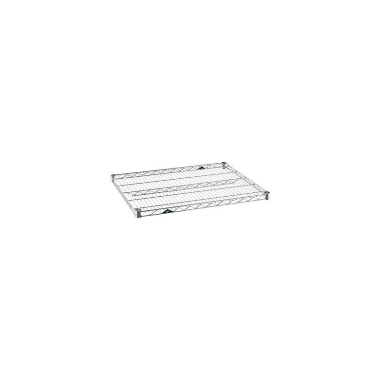 A metal wire shelf lying flat, with a grid-like pattern and a few mesh openings. Its designed for storage and organization, featuring horizontal bars that provide structural support. The shelf is silver in color.