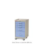 The Metro MBC3110TL Basix Compact Medical Cart in Lavender (MB-LA) features five drawers with white handles, four wheels, and a flat top surface.