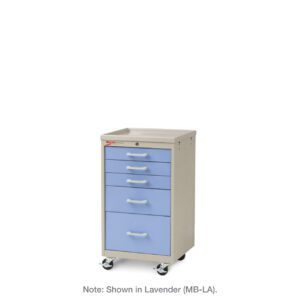 The Metro MBC3110TL Basix Compact Medical Cart in Lavender (MB-LA) features five drawers with white handles, four wheels, and a flat top surface.