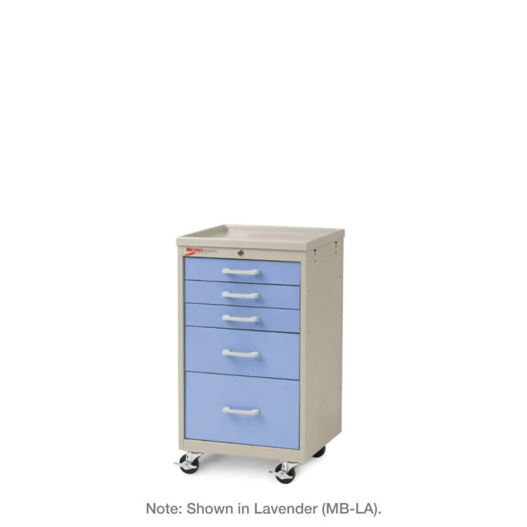 The Metro MBC3110TL Basix Compact Medical Cart in Lavender (MB-LA) features five drawers with white handles, four wheels, and a flat top surface.