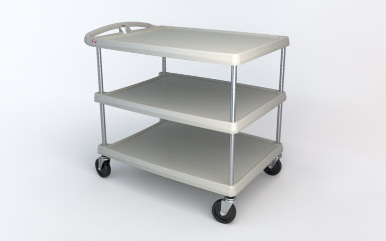 The Metro MY2636-35G myCart Series 3-Shelf Utility Cart is a stylish gray cart with three tiers and a top handle. It has sturdy metal bars, four black wheels, and is sized at 26 x 36, ideal for versatile use against a plain white background.