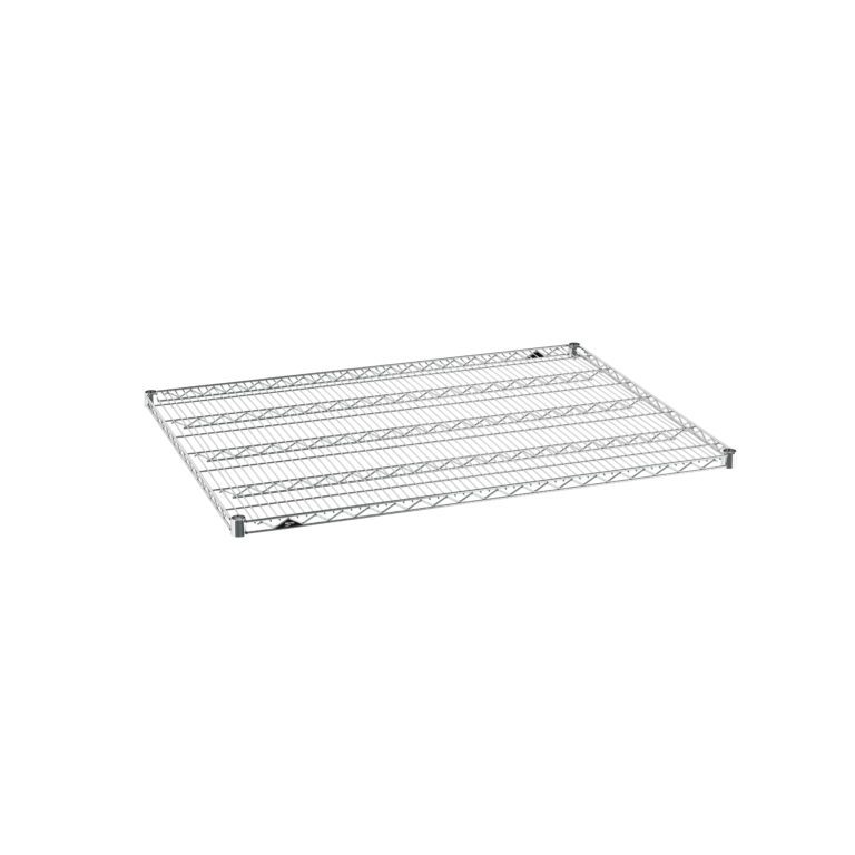 The Metro Super Erecta 3648NC Industrial Wire Shelf, Chrome, 36 x 48, boasts a sleek rectangular design with a robust chrome finish, ideal against a pristine white backdrop.