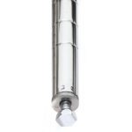 Close-up of a shiny, metallic cylindrical object with a series of segments and a hexagonal bolt protruding from the bottom. The background is plain white.