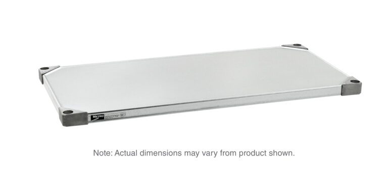 The Metro 1836FG Super Erecta Solid Shelf features a galvanized steel surface with black corner caps, measuring 18 x 36, and has a small black and white label on the front. Note: Dimensions may differ from those shown in the product image.