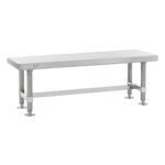 A stainless steel table with a long rectangular surface and adjustable legs. The design is simple, with a functional and industrial look, suitable for kitchen or workspace use.