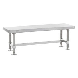 A stainless steel table with a long rectangular surface and adjustable legs. The design is simple, with a functional and industrial look, suitable for kitchen or workspace use.