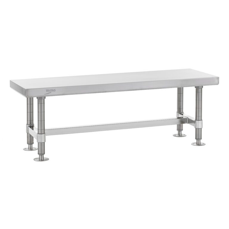 A stainless steel table with a long rectangular surface and adjustable legs. The design is simple, with a functional and industrial look, suitable for kitchen or workspace use.