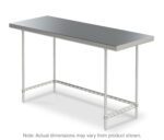 The Metro WTS2460US Space Saver Worktable with Bottom 3-Sided Frame, 24 x 60, features a stainless steel design with a dark gray top and silver legs. Its minimalist style, including a wire mesh support, seamlessly blends form and function. Note: Actual dimensions may vary from the product shown.