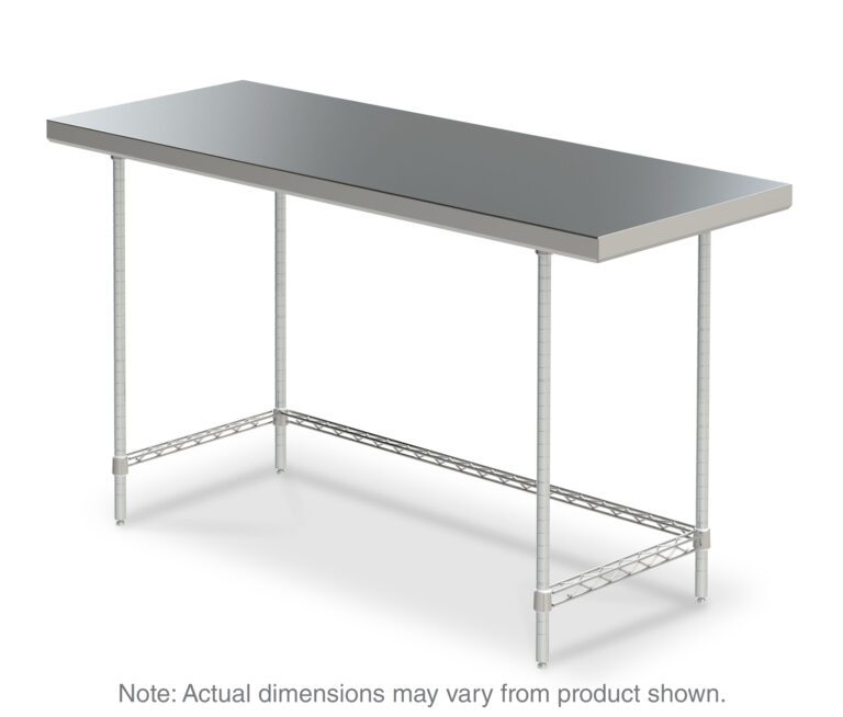 wdi1tcc94enwxpf52fsy4wrtjf8mb2w0.jpg The Metro WTS2460US Space Saver Worktable with Bottom 3-Sided Frame, 24 x 60, features a stainless steel design with a dark gray top and silver legs. Its minimalist style, including a wire mesh support, seamlessly blends form and function. Note: Actual dimensions may vary from the product shown.