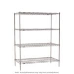 The Metro SE-243663K4-S-4 Super Erecta Industrial Wire Shelving Unit has a sturdy metal frame with a Metroseal Gray Epoxy finish. It features four adjustable shelves, an open design for ventilation and visibility, and robust vertical poles. Dimensions are 24 x 36 x 63.