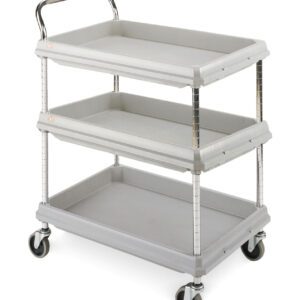Meet the Metro BC2636-3DG Deep Ledge 3-Shelf Utility Cart, Gray, measuring 26 x 36. This versatile cart features a sturdy metal frame with wheels for easy mobility and shelves with raised edges to keep items secure, plus a convenient handle on one end.