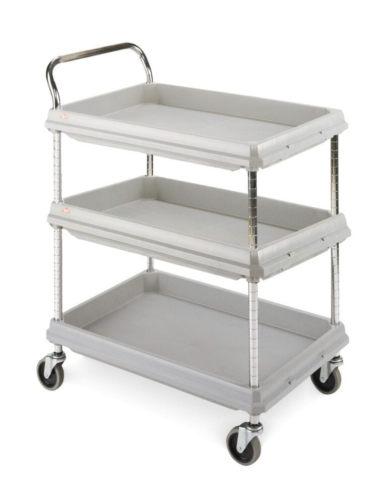 Meet the Metro BC2636-3DG Deep Ledge 3-Shelf Utility Cart, Gray, measuring 26 x 36. This versatile cart features a sturdy metal frame with wheels for easy mobility and shelves with raised edges to keep items secure, plus a convenient handle on one end.