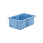 The Metro TB92060BAS tote is a light blue, static dissipative polypropylene storage solution, measuring 16.5 x 10.875 x 6, with vertical side ridges and a grooved rim for functionality and style on a clean white backdrop.
