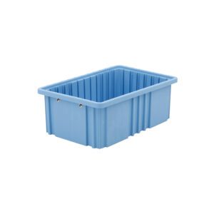 The Metro TB92060BAS tote is a light blue, static dissipative polypropylene storage solution, measuring 16.5 x 10.875 x 6, with vertical side ridges and a grooved rim for functionality and style on a clean white backdrop.