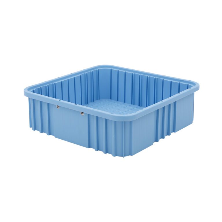 wxuemt4c6unwiyv2xmf9dwf48fdipnew.jpg The Metro TB92050BAS Static Dissipative Polypropylene Tote is a blue square storage bin with ribbed sides, a textured pattern inside and out, and two metal rivets on one side. It measures 16.5 x 16.5 x 5 and is displayed against a plain white background.